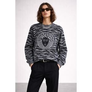 Versace Jeans Co Unisex Medusa Sweater Gray Jumper Zebra Knit Crewneck Large